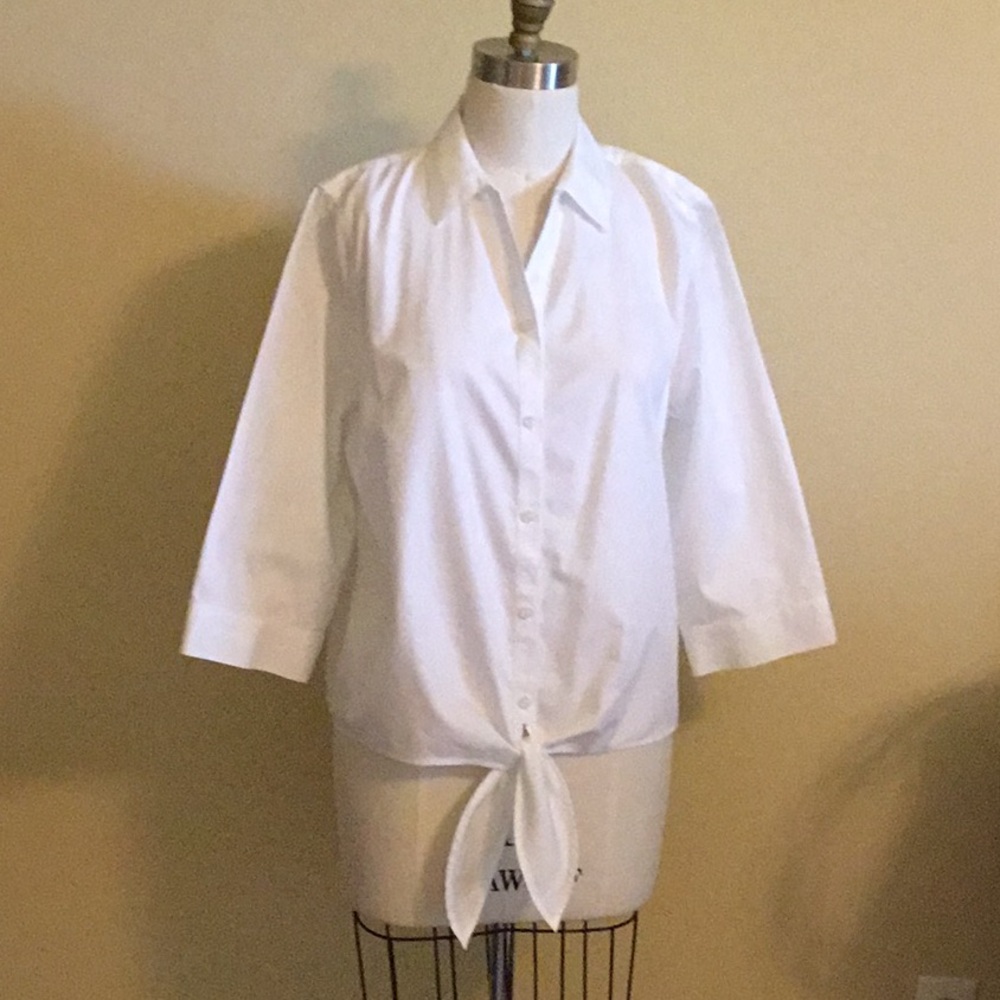 Chico’s White Button Down Shirt with Notched Collar and Tie Front  NWOT